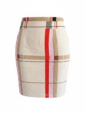 Ann Taylor Cream Plaid Pencil Skirt with Red & Pink Stripes